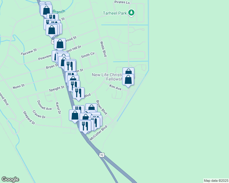 map of restaurants, bars, coffee shops, grocery stores, and more near 104 Verona Drive in Havelock