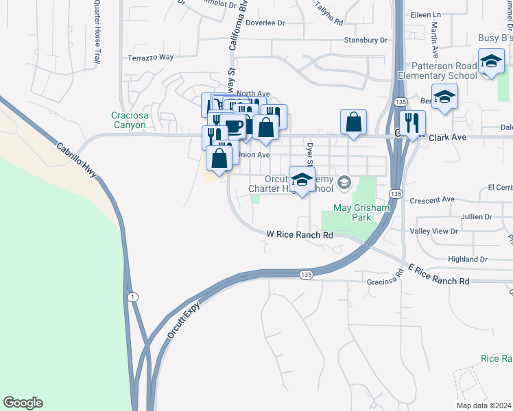 map of restaurants, bars, coffee shops, grocery stores, and more near 420 South 1st Street in Santa Maria