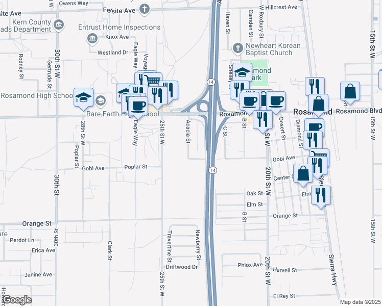 map of restaurants, bars, coffee shops, grocery stores, and more near 2820 Acacia Street in Rosamond