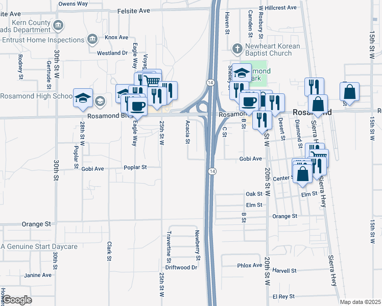 map of restaurants, bars, coffee shops, grocery stores, and more near 2820 Acacia Street in Rosamond