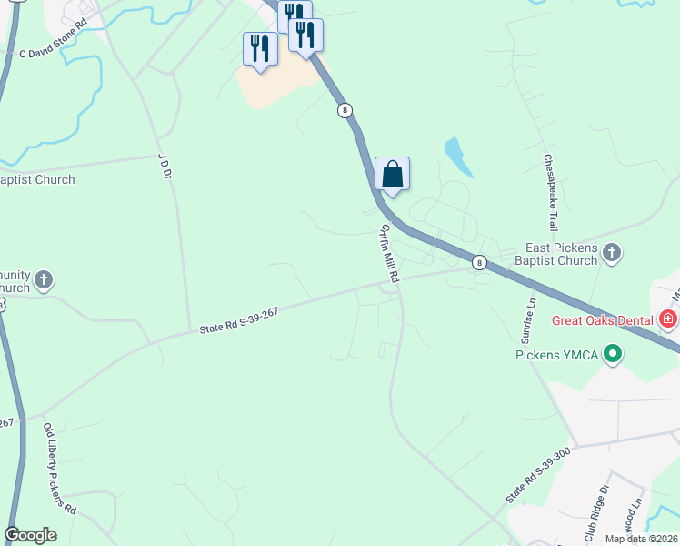map of restaurants, bars, coffee shops, grocery stores, and more near 517 Bethlehem Ridge Road in Pickens