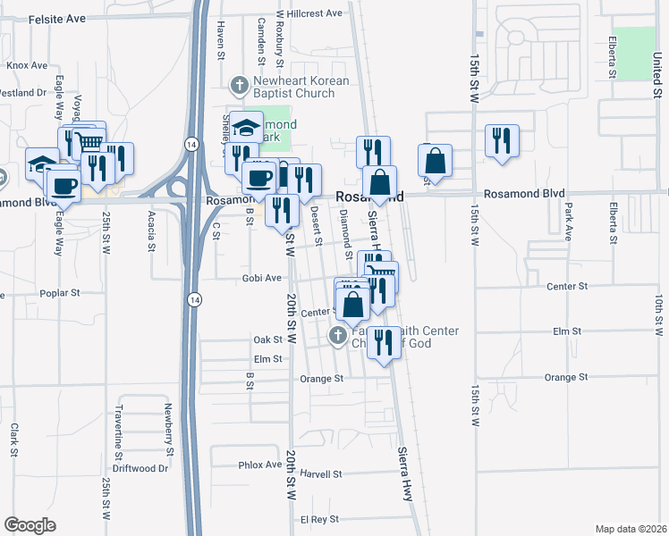 map of restaurants, bars, coffee shops, grocery stores, and more near 2824 Desert Street in Rosamond