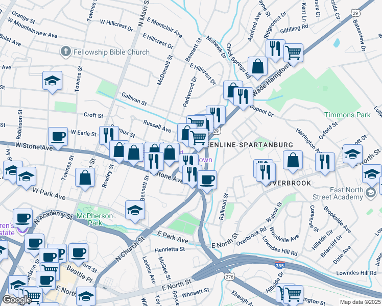 map of restaurants, bars, coffee shops, grocery stores, and more near 101 Wade Hampton Boulevard in Greenville