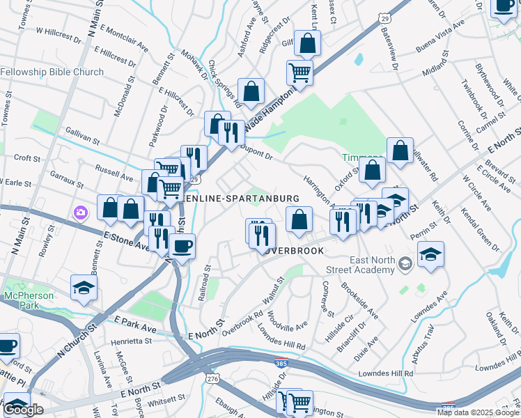 map of restaurants, bars, coffee shops, grocery stores, and more near 14 Hollywood Circle in Greenville