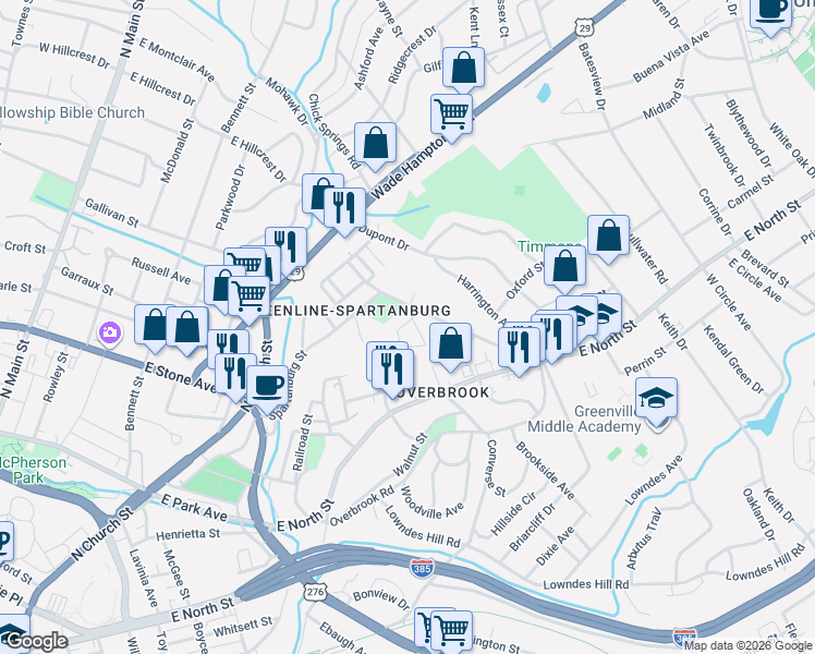 map of restaurants, bars, coffee shops, grocery stores, and more near 14 Hollywood Circle in Greenville
