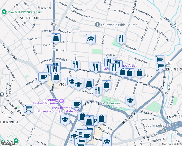map of restaurants, bars, coffee shops, grocery stores, and more near 121 West Stone Avenue in Greenville