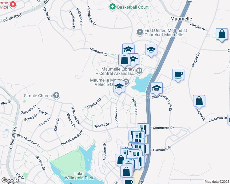map of restaurants, bars, coffee shops, grocery stores, and more near 13 Southland Court in Maumelle