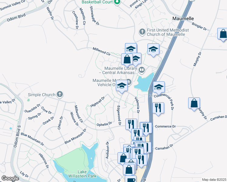 map of restaurants, bars, coffee shops, grocery stores, and more near 13 Southland Court in Maumelle