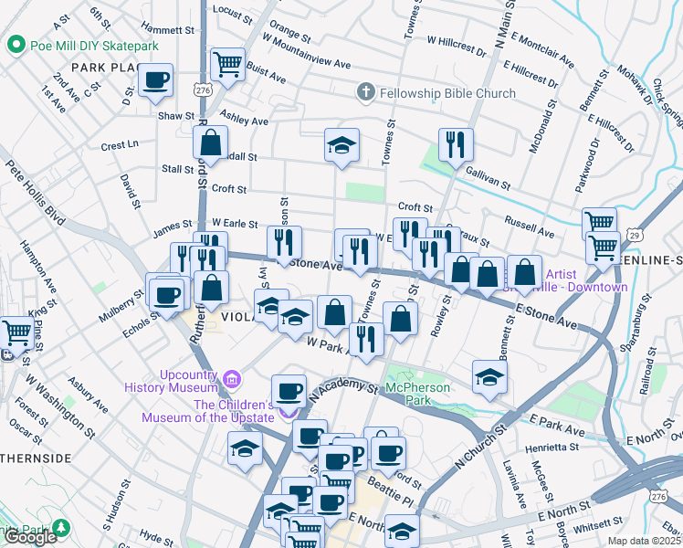 map of restaurants, bars, coffee shops, grocery stores, and more near 121 West Stone Avenue in Greenville
