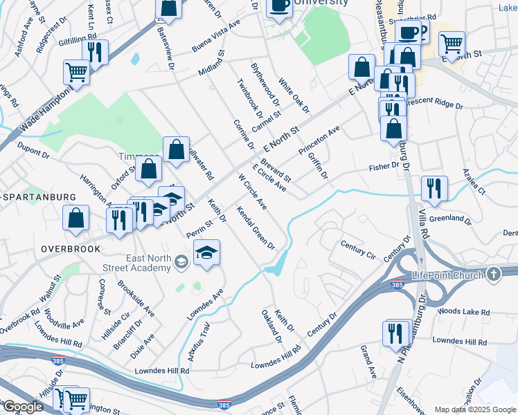 map of restaurants, bars, coffee shops, grocery stores, and more near 112 West Circle Avenue in Greenville