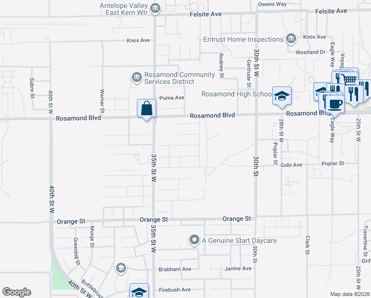 map of restaurants, bars, coffee shops, grocery stores, and more near 3324 Kellie Avenue in Rosamond