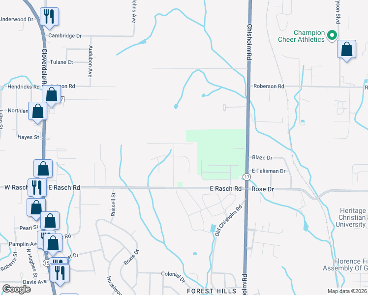 map of restaurants, bars, coffee shops, grocery stores, and more near 208 Dunally Lane in Florence