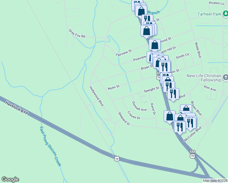 map of restaurants, bars, coffee shops, grocery stores, and more near 217 Nunn Street in Havelock