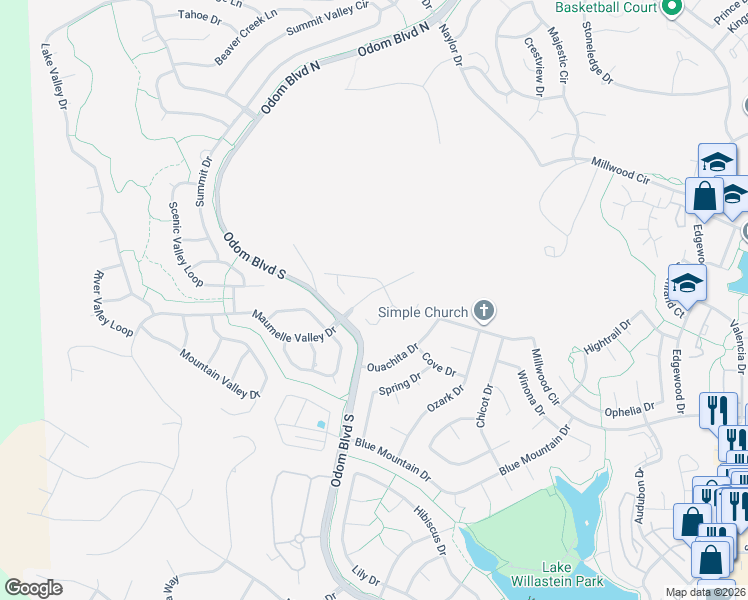 map of restaurants, bars, coffee shops, grocery stores, and more near 12 Windy Ridge Court in Maumelle
