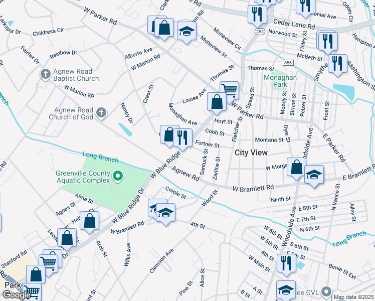 map of restaurants, bars, coffee shops, grocery stores, and more near 2317 West Blue Ridge Drive in Greenville