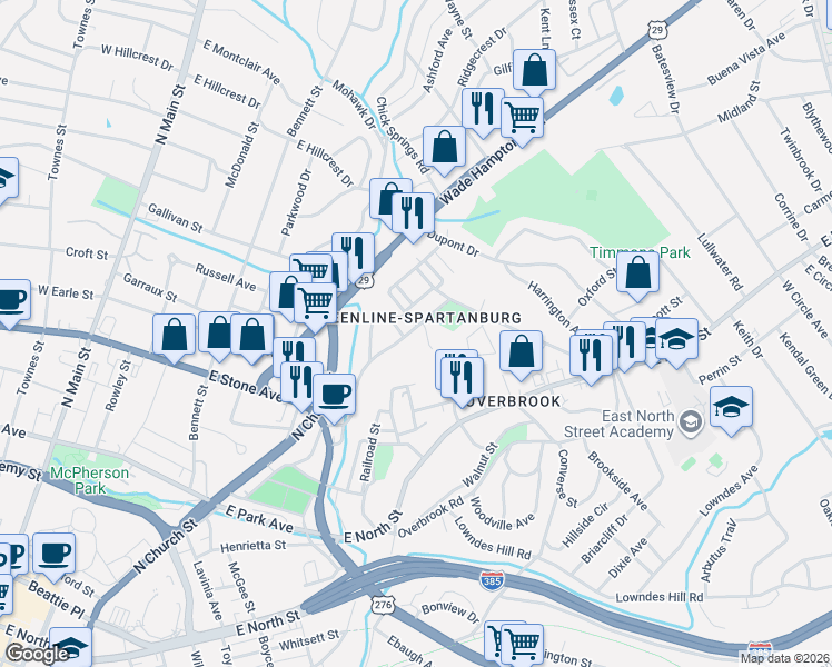 map of restaurants, bars, coffee shops, grocery stores, and more near 301 Spartanburg Street in Greenville