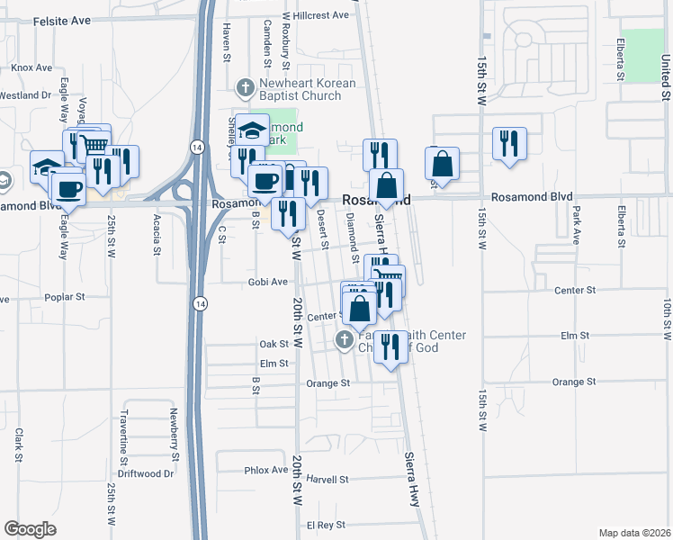 map of restaurants, bars, coffee shops, grocery stores, and more near 2824 Desert Street in Rosamond