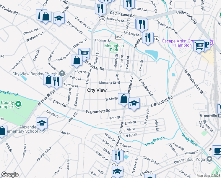 map of restaurants, bars, coffee shops, grocery stores, and more near 12 Bragg Street in Greenville