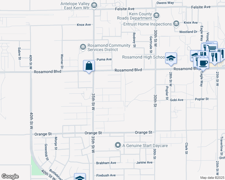map of restaurants, bars, coffee shops, grocery stores, and more near 3324 Kellie Avenue in Rosamond