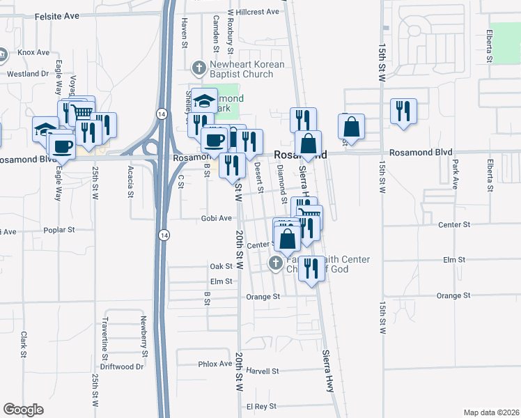 map of restaurants, bars, coffee shops, grocery stores, and more near 2831 Desert Street in Rosamond