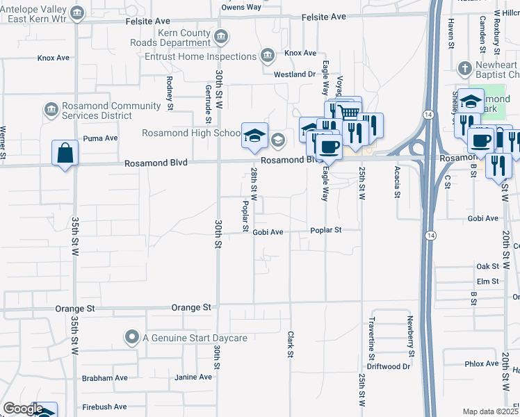 map of restaurants, bars, coffee shops, grocery stores, and more near 2812 28th Street West in Rosamond