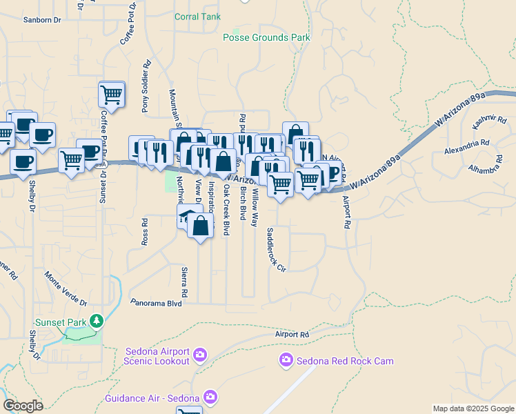 map of restaurants, bars, coffee shops, grocery stores, and more near 90 Willow Way in Sedona
