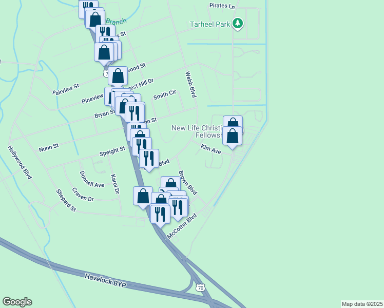 map of restaurants, bars, coffee shops, grocery stores, and more near 112 Christopher Court in Havelock