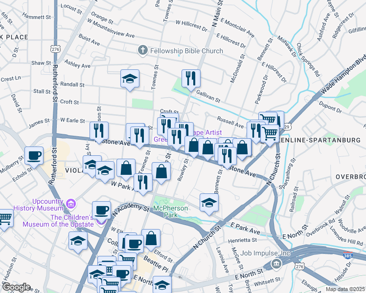 map of restaurants, bars, coffee shops, grocery stores, and more near 8275 East Stone Avenue in Greenville