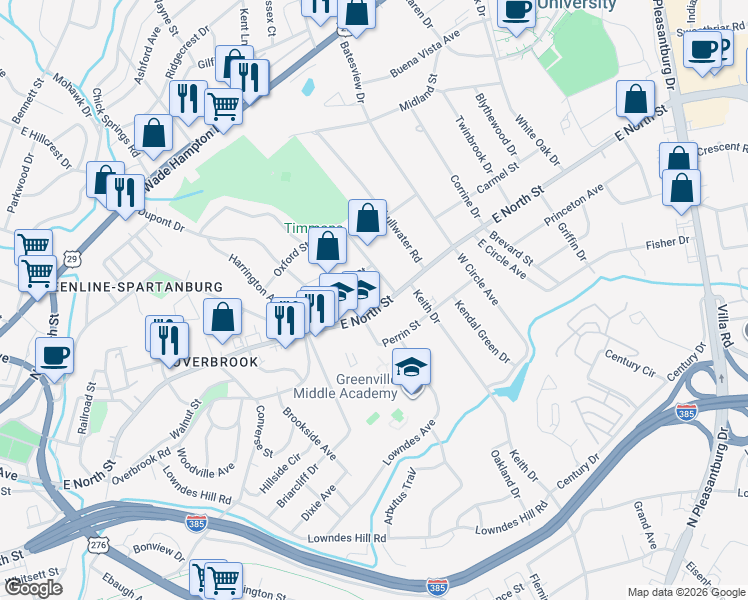 map of restaurants, bars, coffee shops, grocery stores, and more near 1731 East North Street in Greenville