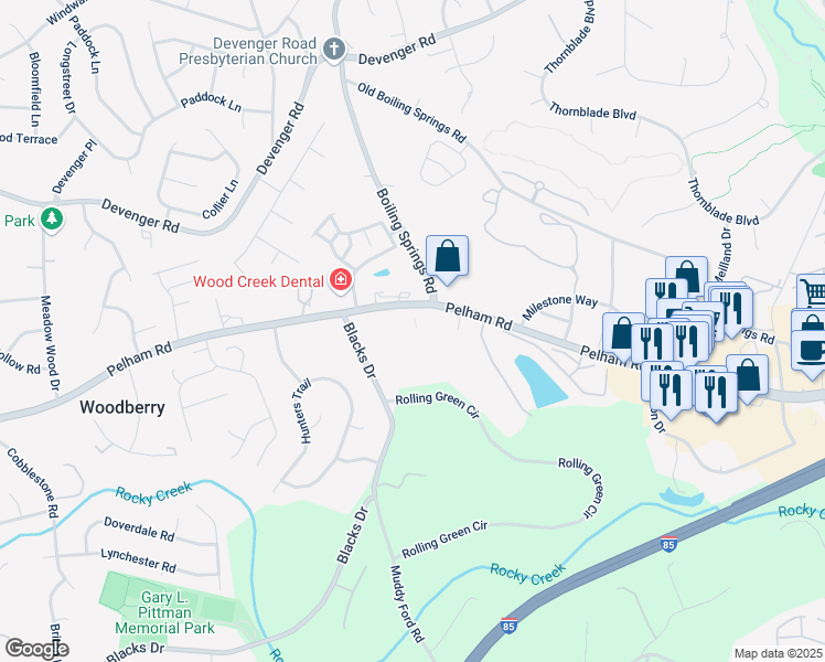 map of restaurants, bars, coffee shops, grocery stores, and more near 2702 Pelham Road in Greenville