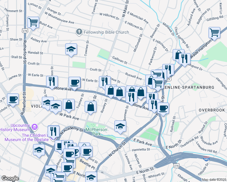 map of restaurants, bars, coffee shops, grocery stores, and more near 9 Elizabeth Street in Greenville