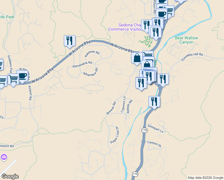 map of restaurants, bars, coffee shops, grocery stores, and more near 355 Brewer Road in Sedona