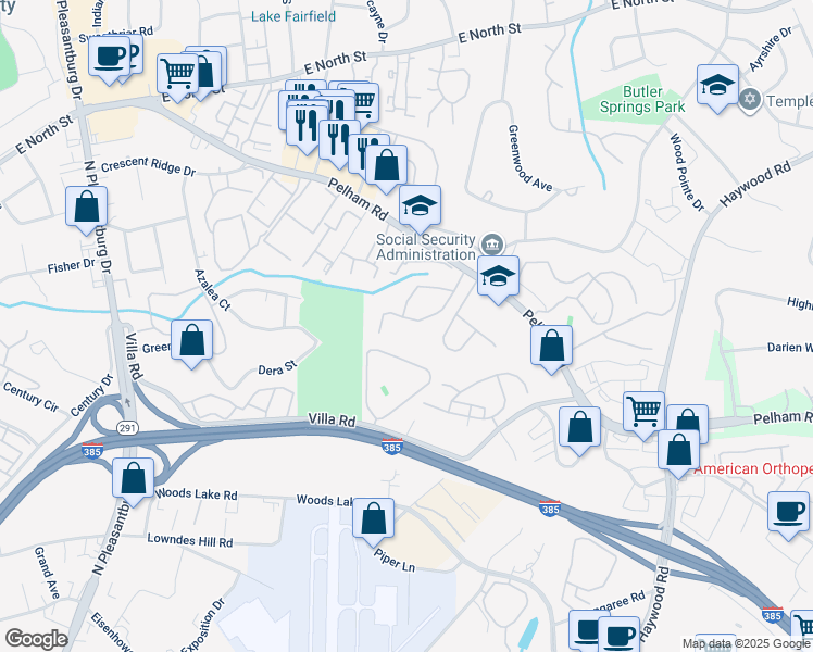 map of restaurants, bars, coffee shops, grocery stores, and more near 124 Inglewood Way in Greenville