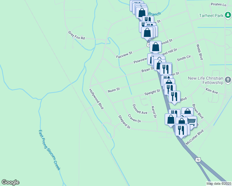 map of restaurants, bars, coffee shops, grocery stores, and more near 213 Nunn Street in Havelock