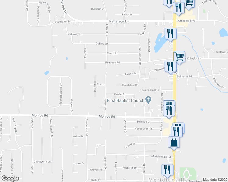 map of restaurants, bars, coffee shops, grocery stores, and more near 105 Katelyn Drive in Meridianville