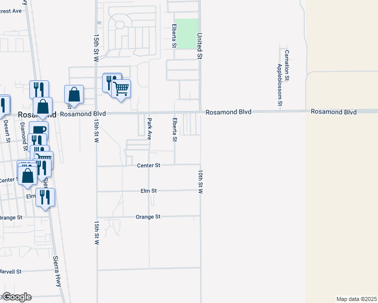 map of restaurants, bars, coffee shops, grocery stores, and more near 2712 Elberta Street in Rosamond