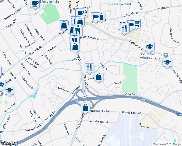 map of restaurants, bars, coffee shops, grocery stores, and more near 15 Villa Road in Greenville