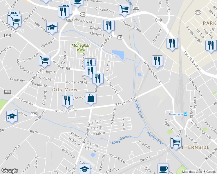 map of restaurants, bars, coffee shops, grocery stores, and more near 3 City View Street in Greenville