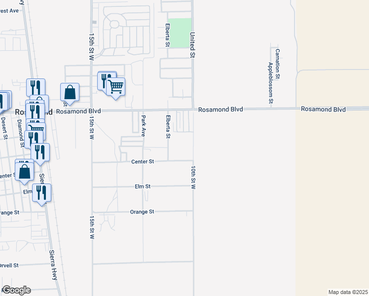map of restaurants, bars, coffee shops, grocery stores, and more near 2712 Elberta Street in Rosamond