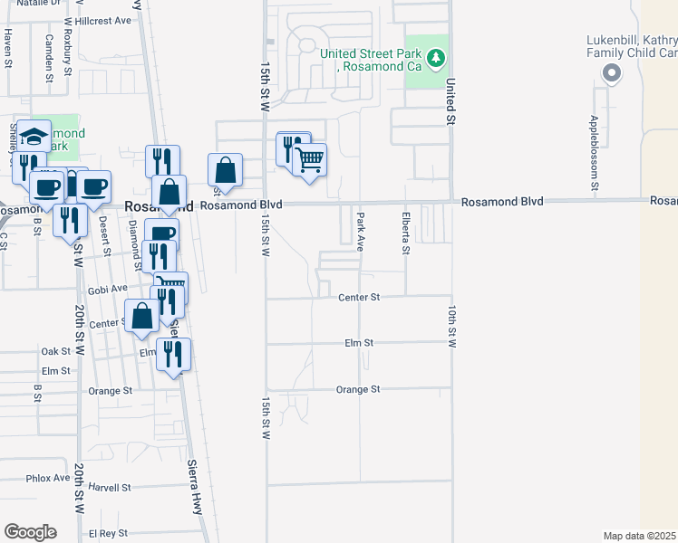 map of restaurants, bars, coffee shops, grocery stores, and more near 1258 West Rosamond Boulevard in Rosamond