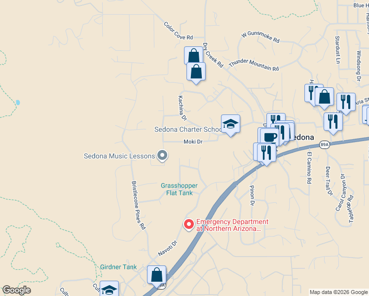 map of restaurants, bars, coffee shops, grocery stores, and more near 80 Rimstone Circle in Sedona