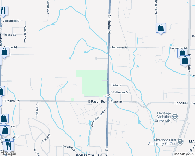 map of restaurants, bars, coffee shops, grocery stores, and more near 3931 Chisholm Road in Florence