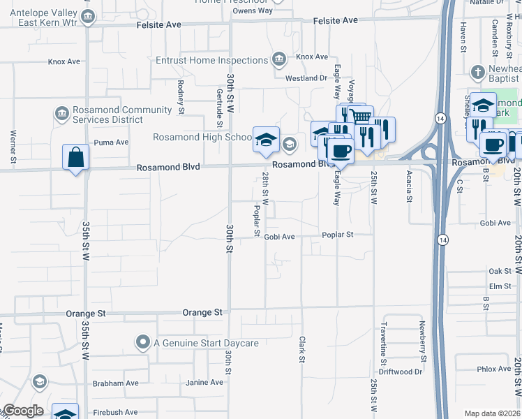 map of restaurants, bars, coffee shops, grocery stores, and more near 2825 28th Street West in Rosamond