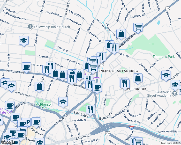 map of restaurants, bars, coffee shops, grocery stores, and more near 101 Wade Hampton Boulevard in Greenville