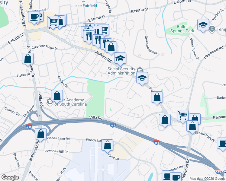 map of restaurants, bars, coffee shops, grocery stores, and more near 124 Inglewood Way in Greenville