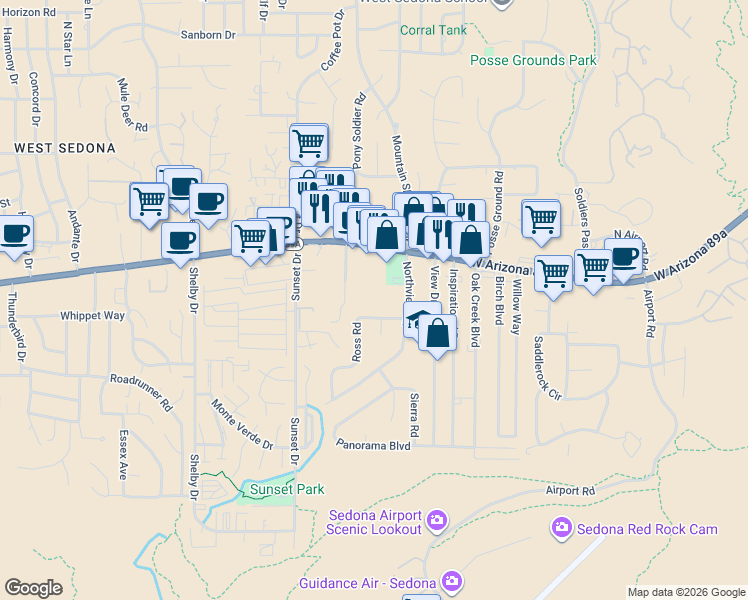 map of restaurants, bars, coffee shops, grocery stores, and more near 65 Ross Road in Sedona