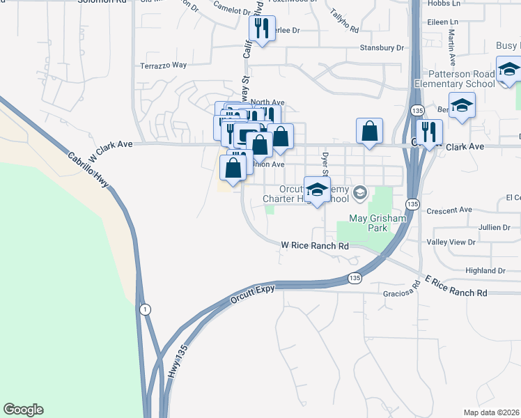 map of restaurants, bars, coffee shops, grocery stores, and more near 420 South 1st Street in Santa Maria