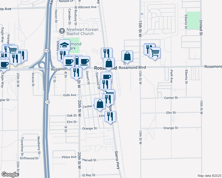 map of restaurants, bars, coffee shops, grocery stores, and more near 2828 Sierra Highway in Rosamond