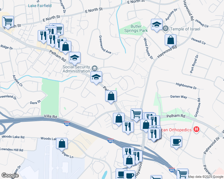 map of restaurants, bars, coffee shops, grocery stores, and more near 134 Caledon Court in Greenville