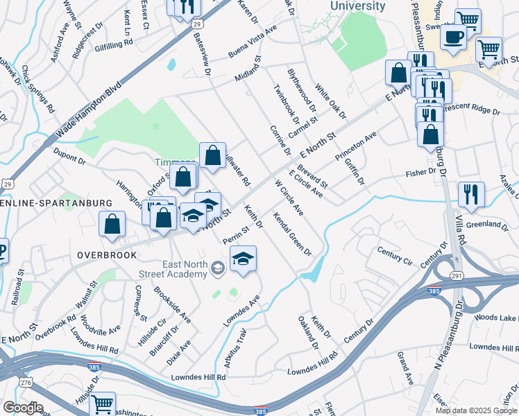 map of restaurants, bars, coffee shops, grocery stores, and more near 2 Kendal Green Drive in Greenville